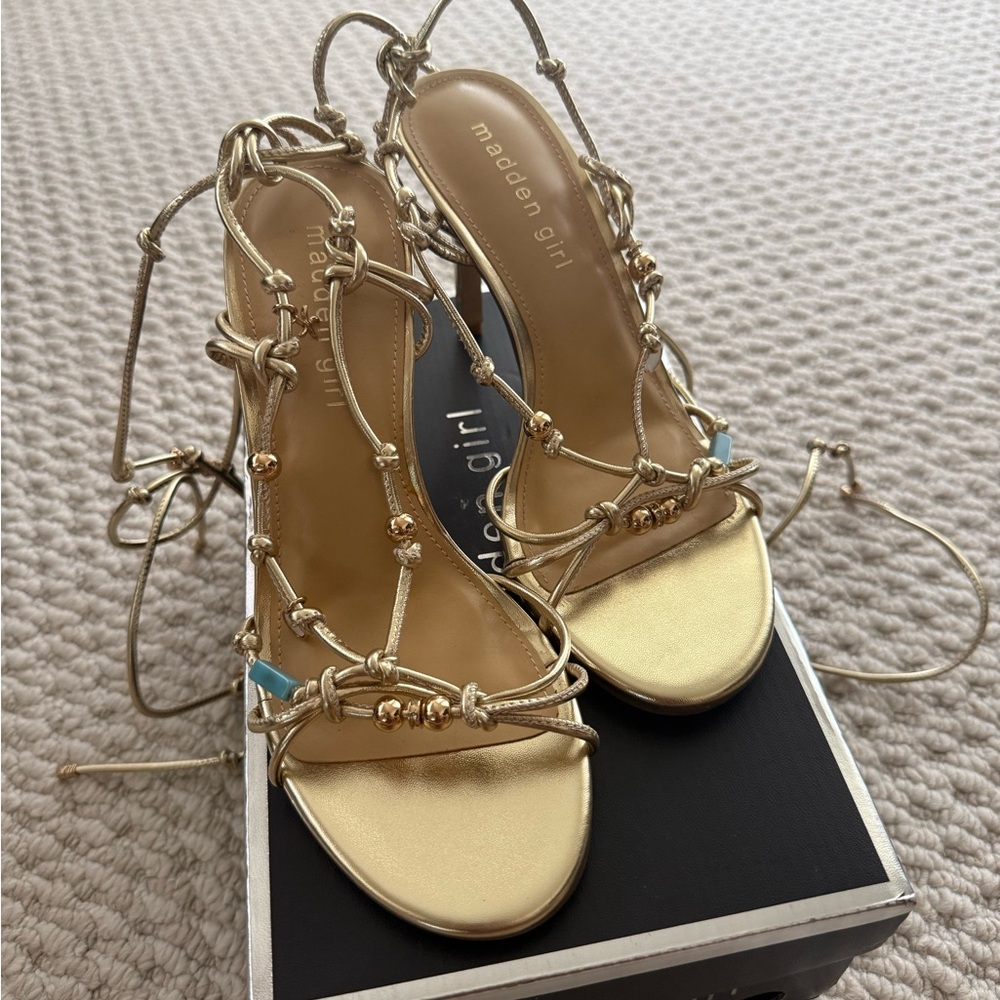 Madden Girl Metallic Gold Lace-Up Beaded Heels